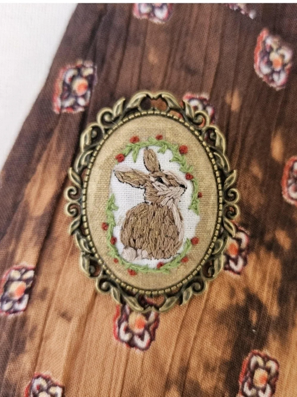 Hand Embroidered Bunny And Roses Brooch